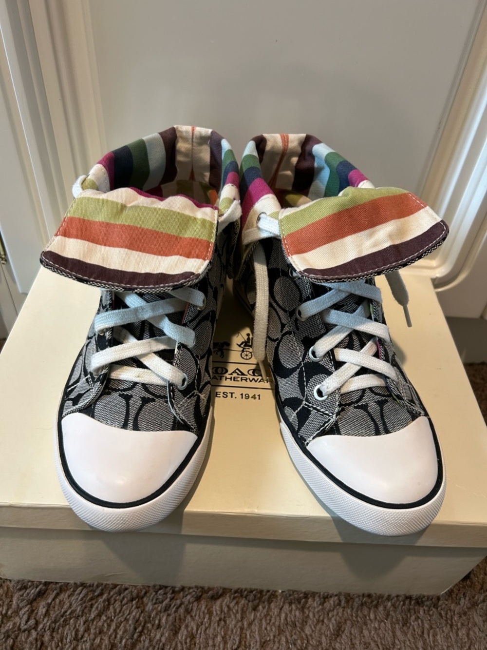 Coach Kids Black Logo High-Top Sneakers with Multicolor Stripe Lining